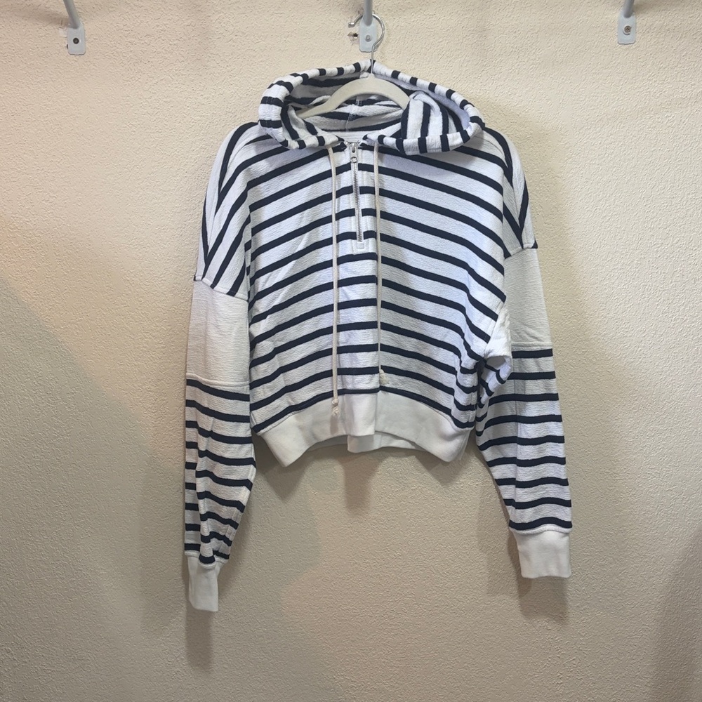 Aerie Stripped Hoodie Navy Blue & White